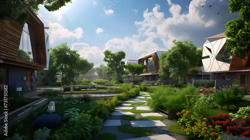 Project of ecological green city area and apartments with futuristic architecture, future modern creative architecture resort, creative building exterior, the concept of unity with nature