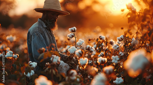 An African Black Man Picks Cotton in the Field, Reflecting the Laborious Work of Olden Times photo