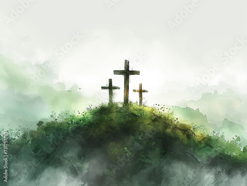 re croci in cima alla collina nella nebbia, resurrezione, emozioni positive, stile acquerello, sfondo bianco,