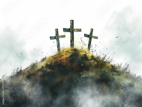 re croci in cima alla collina nella nebbia, resurrezione, emozioni positive, stile acquerello, sfondo bianco, photo