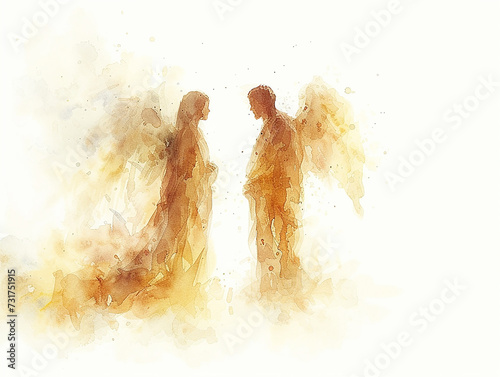 angeli in stile acquerello di profilo su sfondo bianco, annunciazione, pasqua del Signore photo