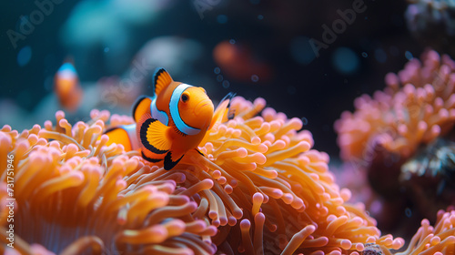 Underwater scene, multiple clownfish swimming in anemone coral reef, symbiosis concept, fish known also as Nemo