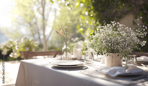  Beautiful white and beige colors table decoration with tablecloth and napkins, fresh flowers bouquet, silver plated Cutlery, elegant and luxury porcelain plates. Sunny terrace with garden view.