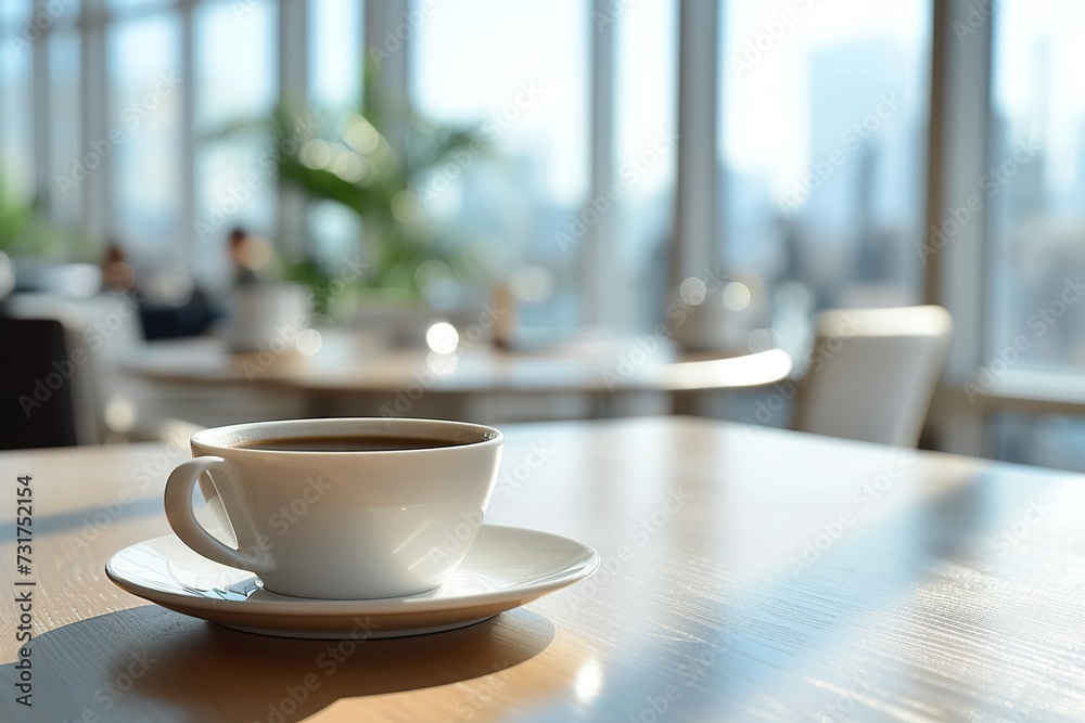 Cup of coffee on the table in the office in the background with office workers. Cup of coffee on the table in the office in the background with office workers.