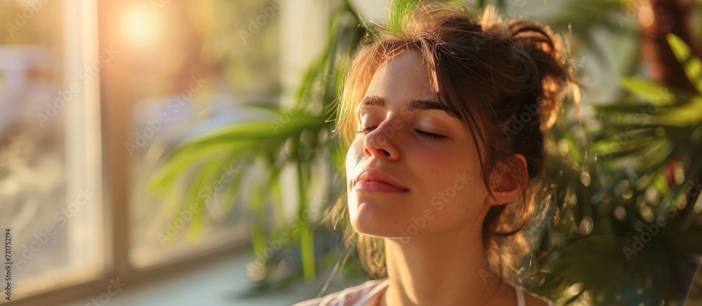A happy blond woman enjoys leisure time sitting by a window, eyes closed, feeling the gentle breeze and the watered plants outside. A happy blond woman enjoys leisure time sitting by a window, eyes closed, feeling the gentle breeze and the watered plants outside.