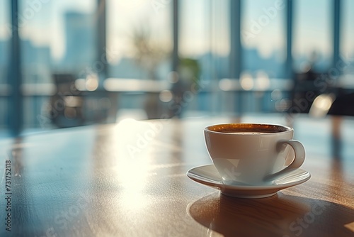 Cup of coffee on the table in the office in the background with office workers.