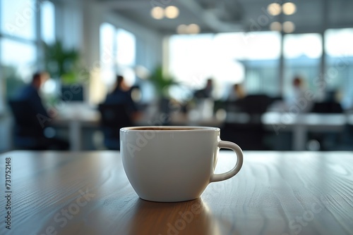 Cup of coffee on the table in the office in the background with office workers.