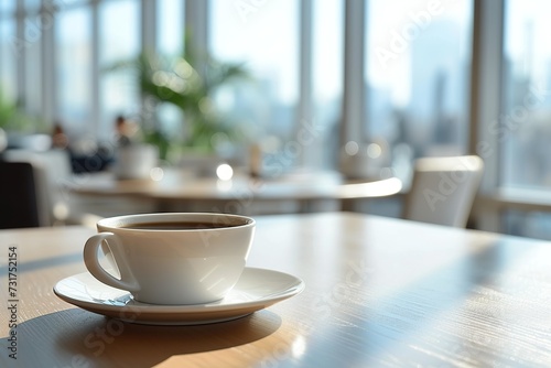 Cup of coffee on the table in the office in the background with office workers.