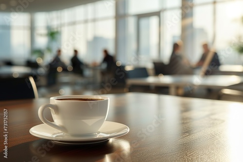 Cup of coffee on the table in the office in the background with office workers.