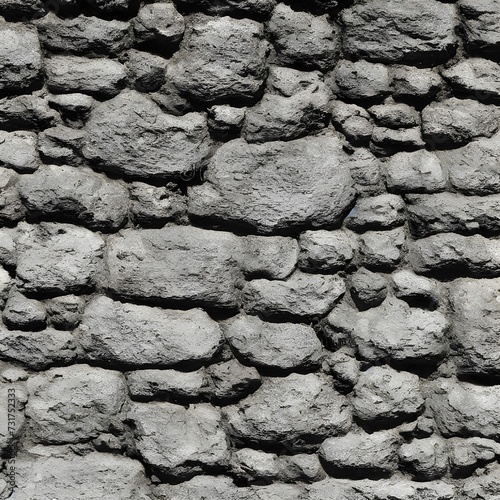 Black and white photograph of a wall made out of rocks photo