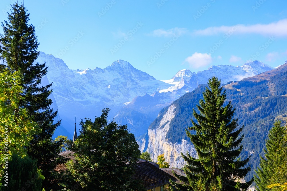 a view of trees, hills, and mountains in the distance