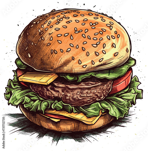Vector illustration of a delicious hamburger with melted cheese and crispy lettuce