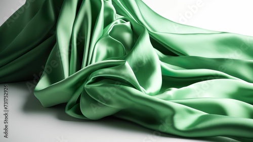 Luxurious green silk fabric with an incredibly soft and smooth texture against a white background photo