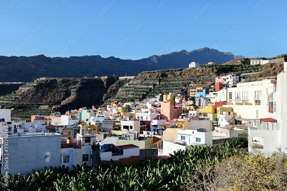Tazacorte mediterran town in Spain Canray Islands La Palma with view in the mountains