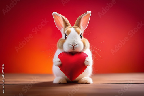 cute rabbit holding a heart in its paws, on a red background © Ирина Батманова
