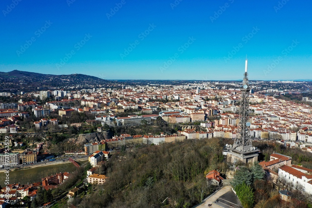 Cityscape of Lyon against the background of a clear blue sky. France.
