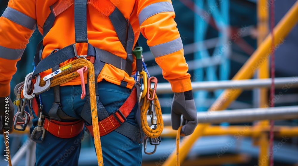Employee working at height with safety equipment. generative ai Employee working at height with safety equipment. generative ai