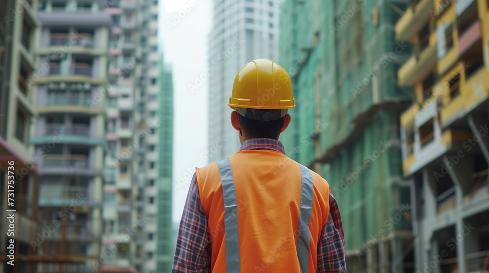 A civil engineer stands looking at the construction site. generative ai A civil engineer stands looking at the construction site. generative ai