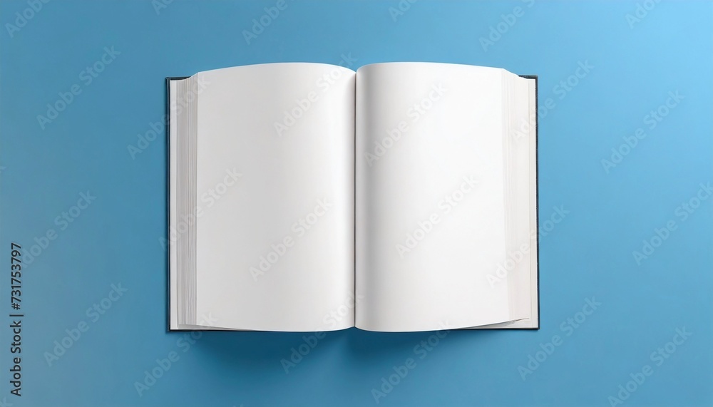 Open book with blank white sheets on blue background. Flat lay, top view. Mock up. Open book with blank white sheets on blue background. Flat lay, top view. Mock up.