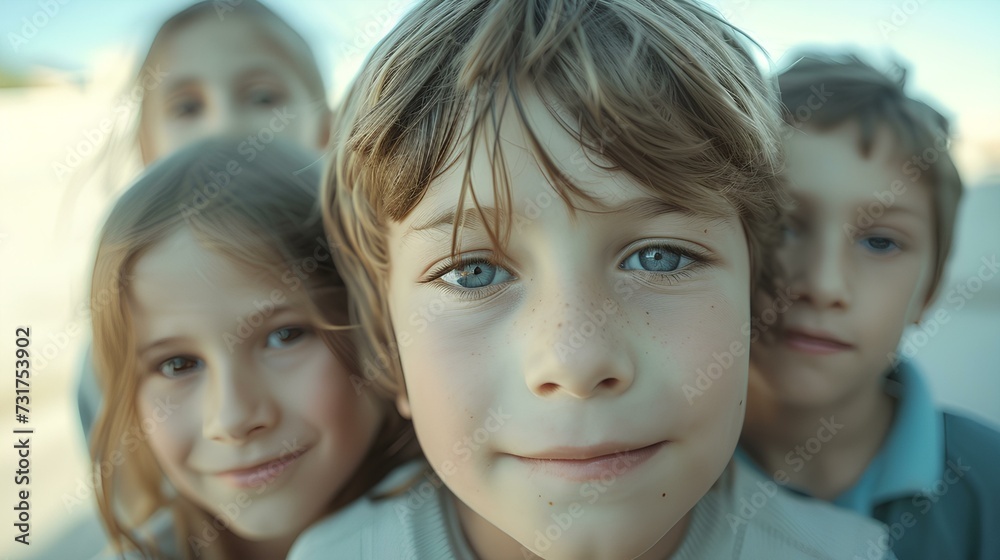 Several kids looking at the camera with a light smile. current situation is unfortunate, but the concept of hope that it will go well in the future. generative AI Several kids looking at the camera with a light smile. current situation is unfortunate, but the concept of hope that it will go well in the future. generative AI