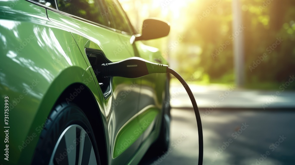 EV charging station for electric car in concept of green energy and eco power produced from sustainable source to supply to charger station in order to reduce CO2 emission, Generative Ai EV charging station for electric car in concept of green energy and eco power produced from sustainable source to supply to charger station in order to reduce CO2 emission, Generative Ai