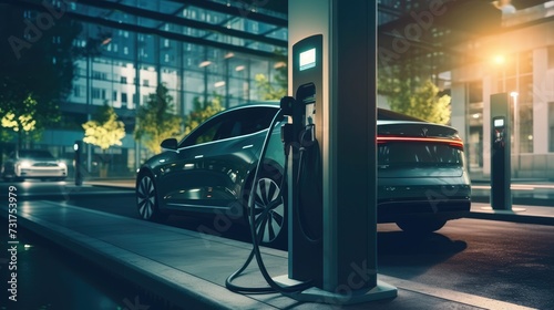 EV charging station for electric car in concept of green energy and eco power produced from sustainable source to supply to charger station in order to reduce CO2 emission, Generative Ai