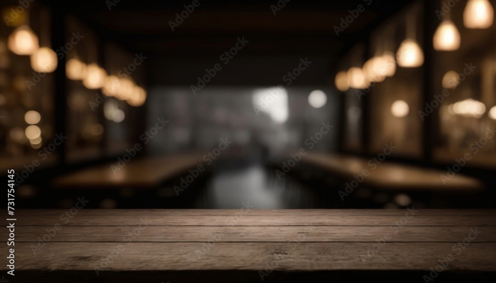 Empty wooden table in front of blurred bokeh background of restaurant. For display or montage products