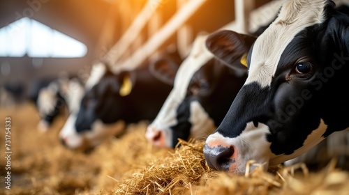 Close up of the head of a dairy cow eating hay in a dairy barn on a dairy farm.generative ai photo