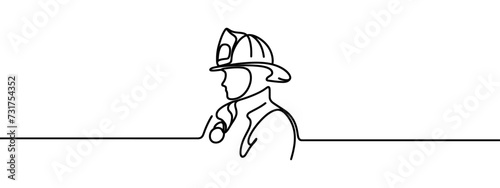One continuous line. Male character professional firefighter in helmet uniform. One continuous drawing line logo isolated minimal illustration.