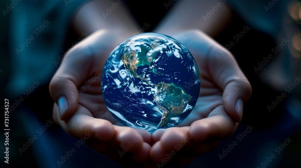 A pair of gentle hands tenderly hold a tiny Earth, its vibrant blue hues reflecting the fragility and beauty of our planet.Generated by ai A pair of gentle hands tenderly hold a tiny Earth, its vibrant blue hues reflecting the fragility and beauty of our planet.Generated by ai