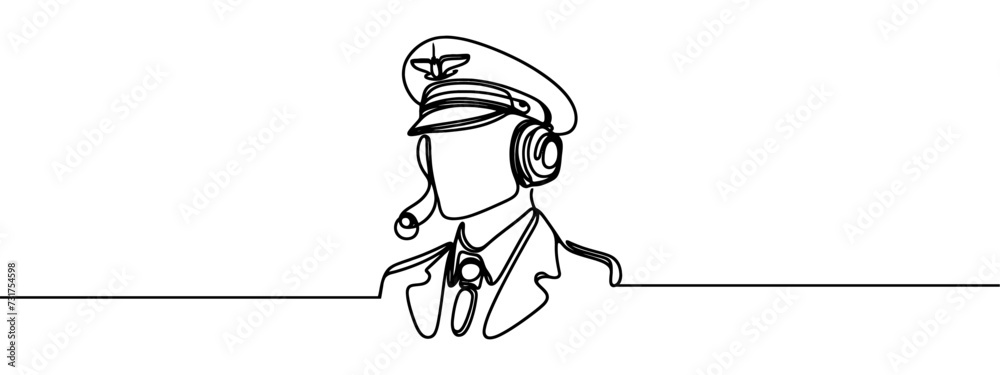 Fototapeta premium Single continuous line drawing of young male pilot posing cross his arm on chest before flight. Professional work job occupation. Minimalism concept one line draw graphic design vector illustration