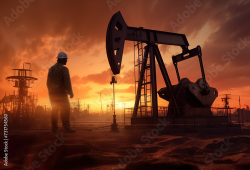 Silhouette of a petroleum engineer skillfully inspecting the oil pump at sunset, showcasing expertise in industrial operations and artistry against the evening sky. photo