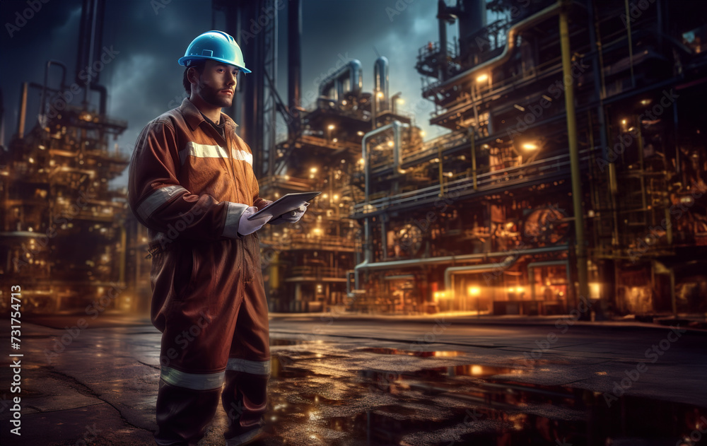 Handsome male Refinery worker with tablet analyzing and adjusting the oil pump operations to ensure optimal performance and efficiency in the evening with refinery in the background.