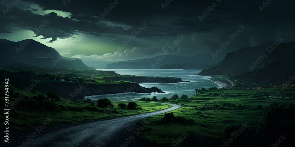 Green field dazzles amidst thunderstorm Dramatic sky over mountain range with forest and trees.