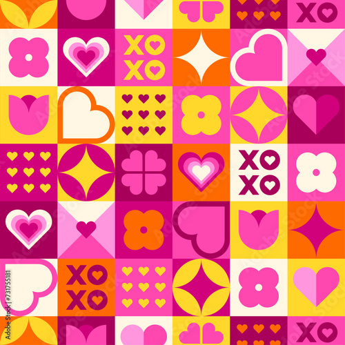Geometric cute love symbols and typography design seamless square pattern for valentine’s day.