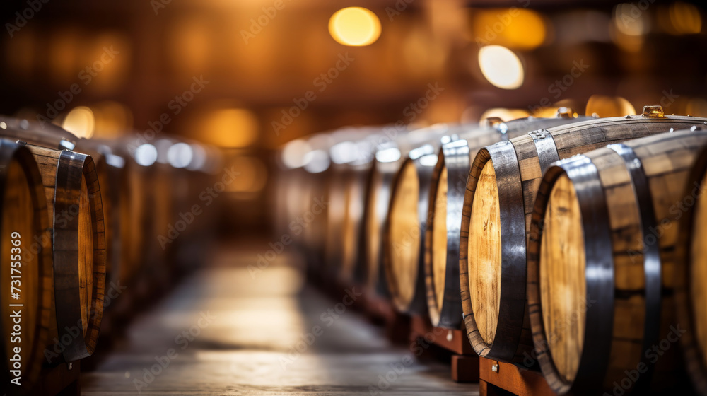 Oak barrels arranged in rows on wooden floor.