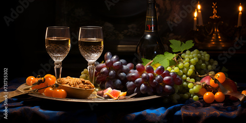  Freshness on the table gourmet meal, wine, meat, and vegetables Red and white wine glasses and grapes in field are depicted in the still life. 