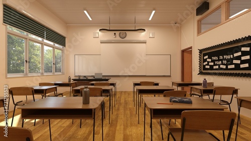 3D render of the interior of a school classroom with wooden furniture