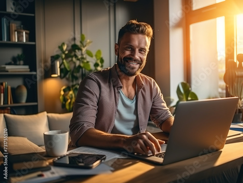 Man working from home with laptop. Daily tasks, simplifying routine concept.