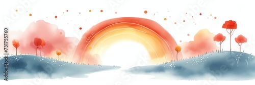 Abstract watercolor stylized landscape. Hills and rainbow theme, seasons summer, spring, autumn. Design for banner, sublimation, wallpaper