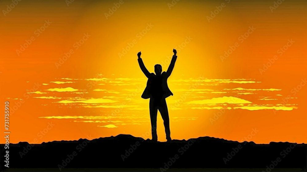 man at sunset raising hands up above him with sun in background