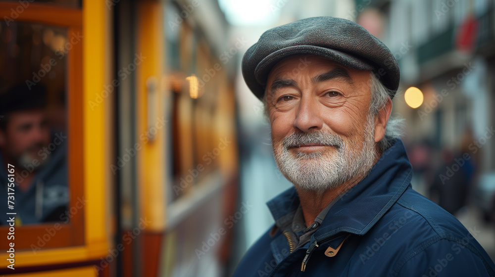 Senior in tram. Senior in tram.