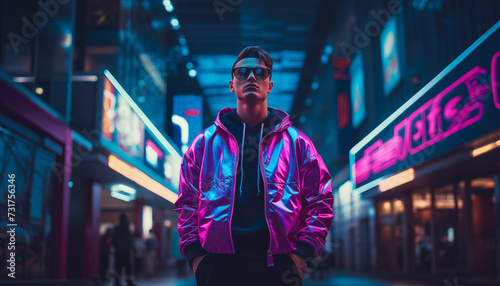 Beautiful synthwave male, boy in a nice looking clothes in a synthwave world, retrowave neon city. AI Generative.
