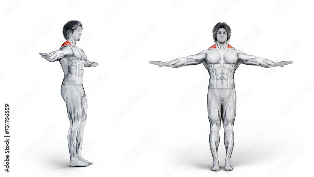 3d illustration of muscular character doing exercise for trapezius muscle 3d illustration of muscular character doing exercise for trapezius muscle