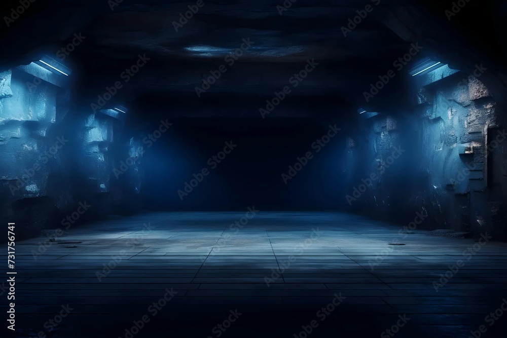 Empty underground background with blue lighting with space for text or product