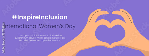 Inspire Inclusion slogan International Women's Day 8 march 2024. Iwd world campaign. Vector woman's hands on heart gesture on violet background
