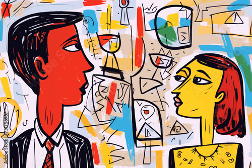 Tension between 2 coworkers in the office. Man looking back at a woman in doubt