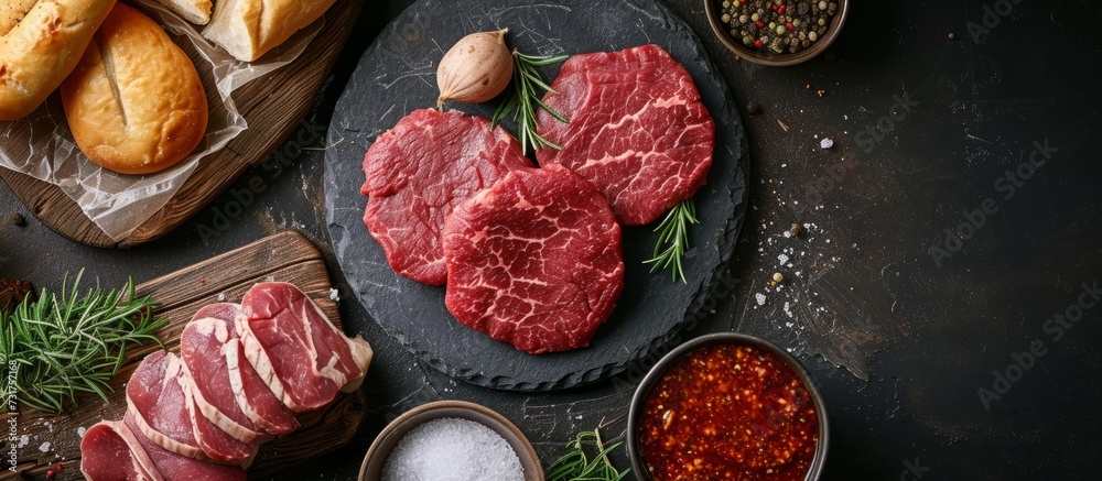 Raw beef schnitzel displayed on a dark background, viewed from above, alongside other butcher products. Raw beef schnitzel displayed on a dark background, viewed from above, alongside other butcher products.
