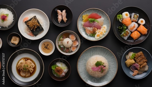 a variety of japanese food on plates on black background