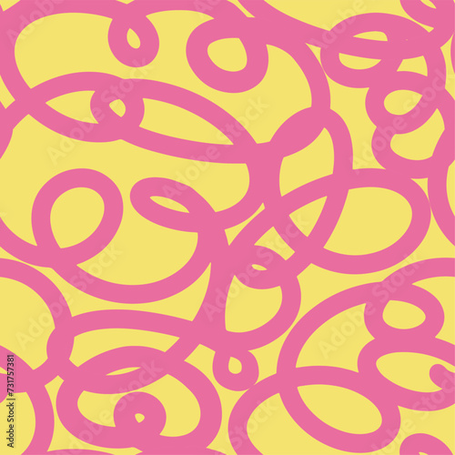 Bold Curly Lines pattern in APink and yellow colours. Abstract Squiggle Wavy print. Naive playful background. Childish, Doodle drawing. Vector illustration.